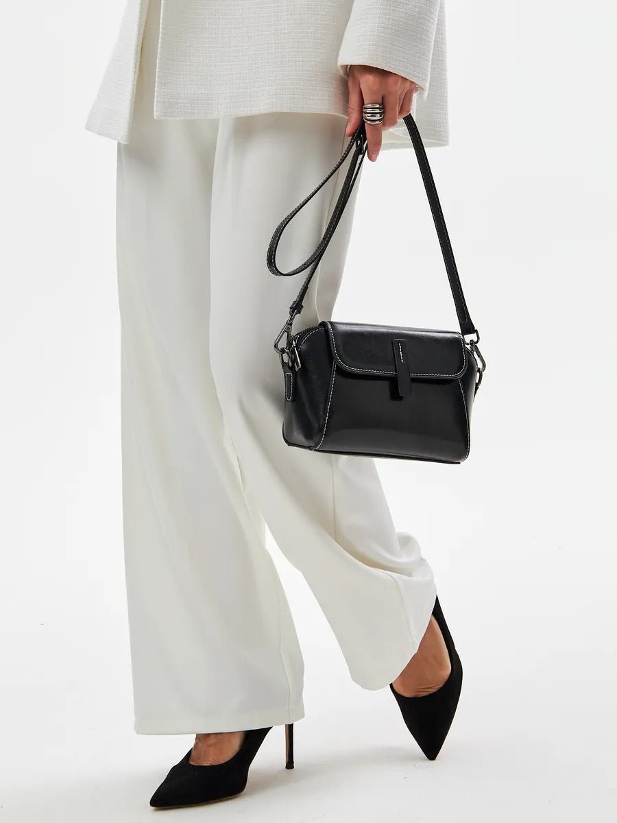 Sac bandoulière femme cuir, petit sac rigide, format rectangulaire, compartiments multiples, modèle Azeline - Sac à main - Noir