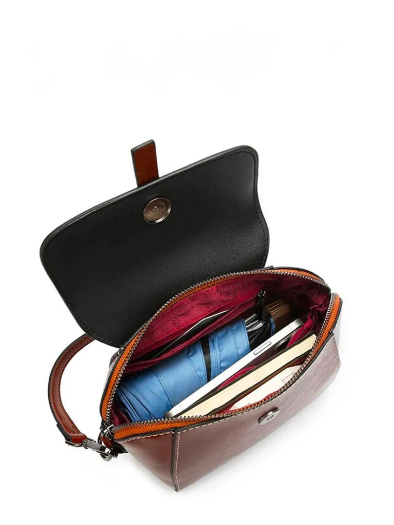Sac bandoulière femme cuir, petit sac rigide, format rectangulaire, compartiments multiples, modèle Azeline - Sac à main - Marron