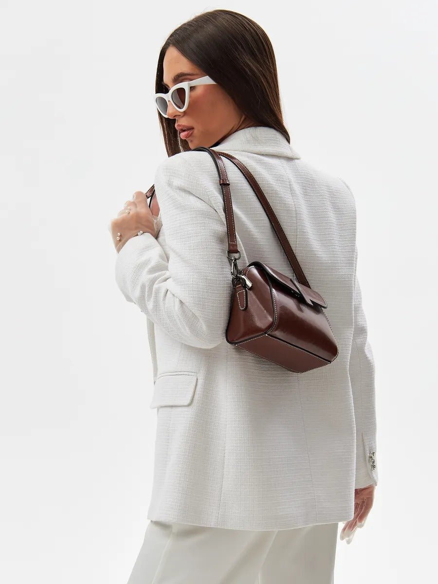 Sac bandoulière femme cuir, petit sac rigide, format rectangulaire, compartiments multiples, modèle Azeline - Sac à main - Marron
