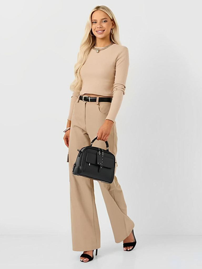 Sac bandoulière femme, grand format, simili vegan, poches multiples, bandoulières interchangeables, zip sécurisé, style moderne, modèle Karine - Sac Bandoulière - Noir