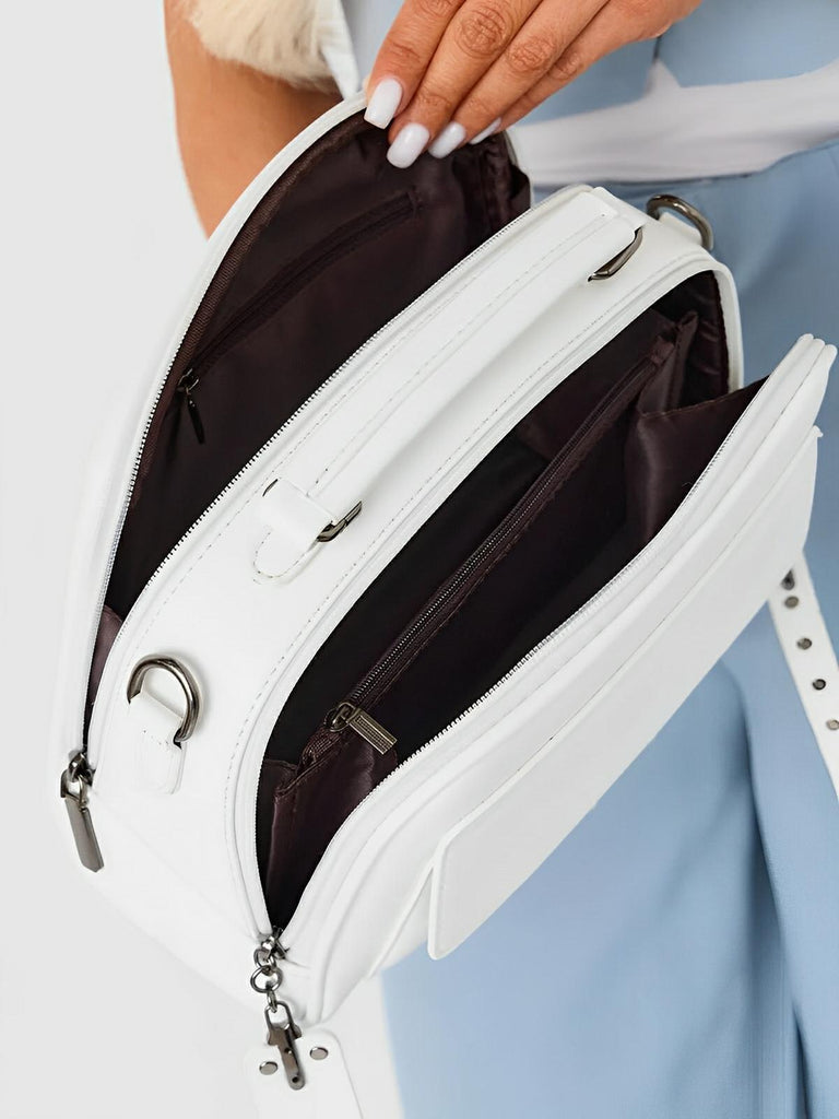 Sac bandoulière femme, grand format, simili vegan, poches multiples, bandoulières interchangeables, zip sécurisé, style moderne, modèle Karine - Sac Bandoulière - Blanc