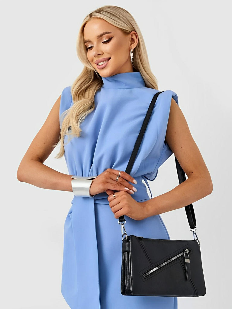 Sac bandoulière femme, petit format, simili vegan, compartiments multiples, double sangle, modèle Julia - Sac Bandoulière - Noir