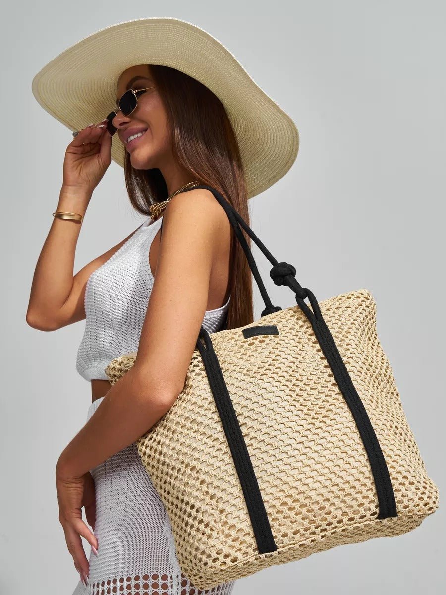 Sac cabas de plage, femme, panier tressé raphia, sac d'été léger, idéal pour vacances, style bohème, modèle Louanne - Sac de plage - Beige