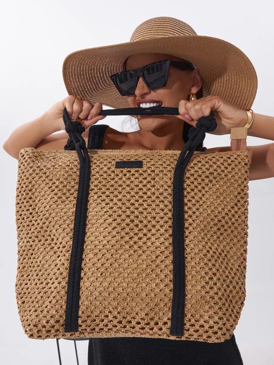 Sac cabas de plage, femme, panier tressé raphia, sac d'été léger, idéal pour vacances, style bohème, modèle Louanne - Sac de plage - Camel