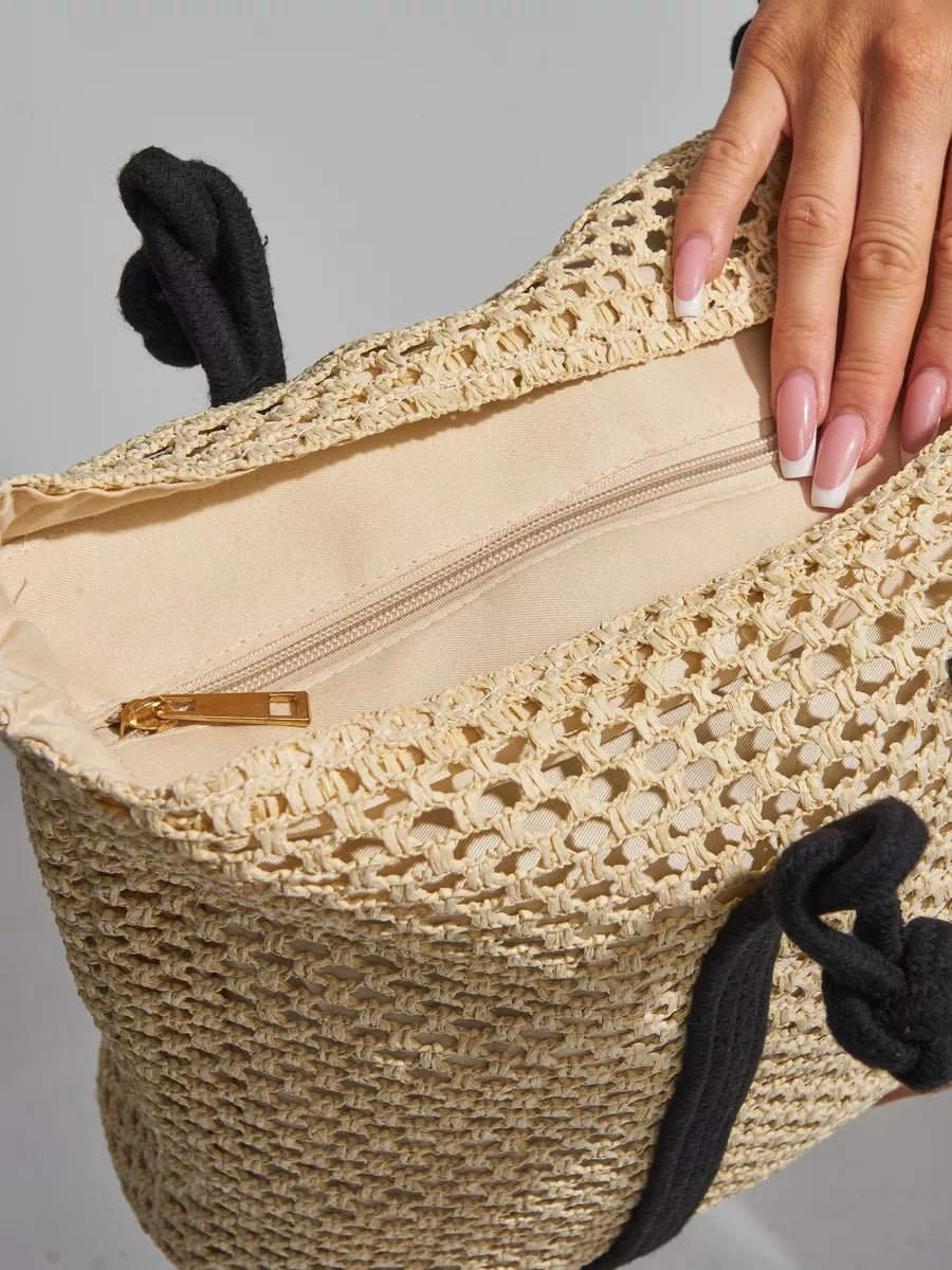 Sac cabas de plage, femme, panier tressé raphia, sac d'été léger, idéal pour vacances, style bohème, modèle Louanne - Sac de plage - Beige