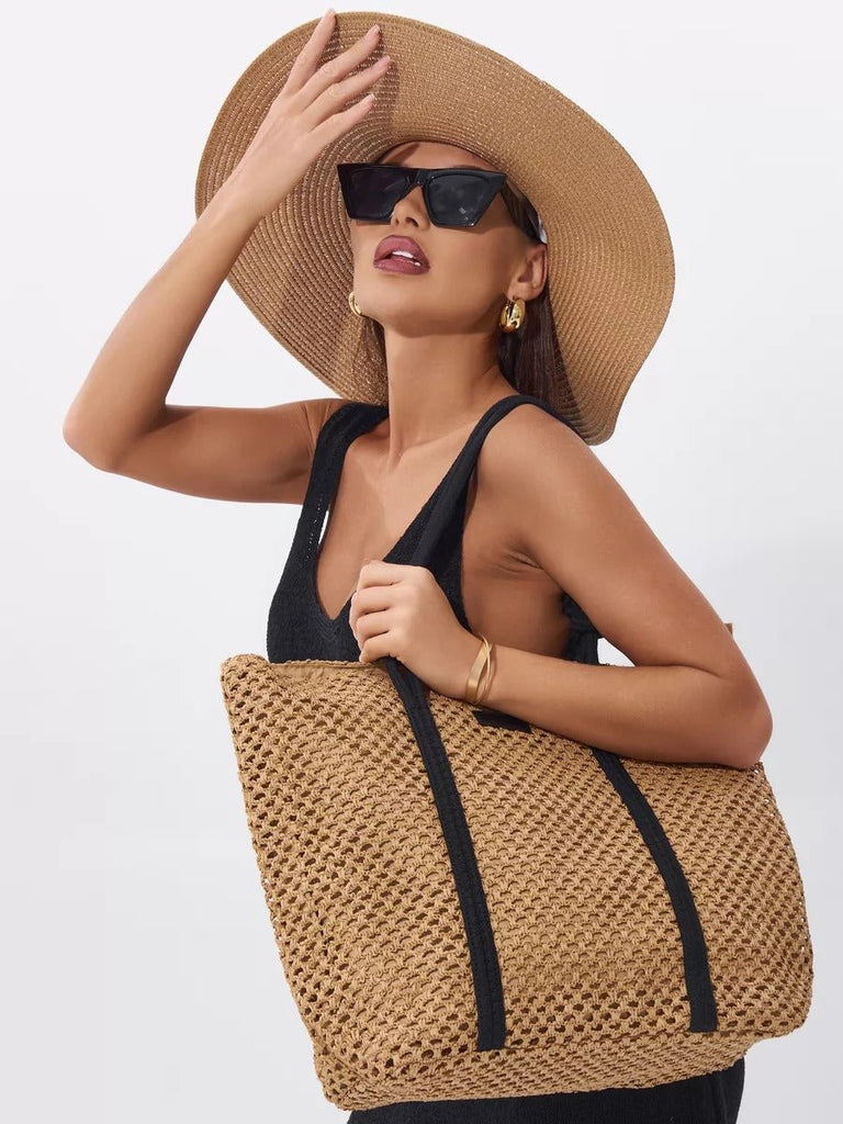 Sac cabas de plage, femme, panier tressé raphia, sac d'été léger, idéal pour vacances, style bohème, modèle Louanne - Sac de plage - Camel