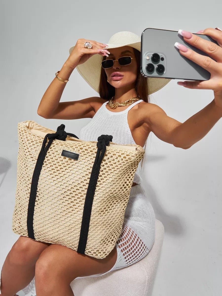 Sac cabas de plage, femme, panier tressé raphia, sac d'été léger, idéal pour vacances, style bohème, modèle Louanne - Sac de plage - Beige
