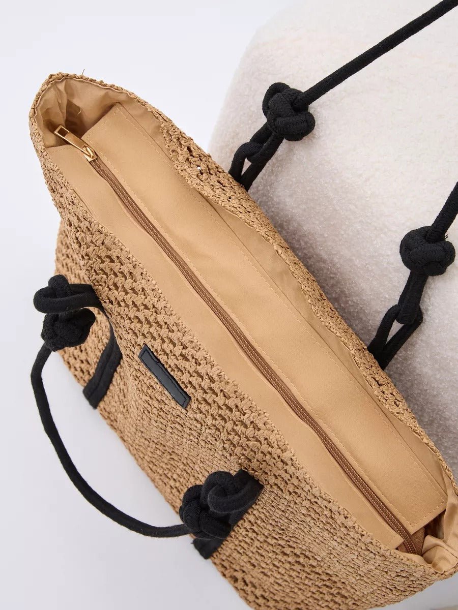 Sac cabas de plage, femme, panier tressé raphia, sac d'été léger, idéal pour vacances, style bohème, modèle Louanne - Sac de plage - Camel