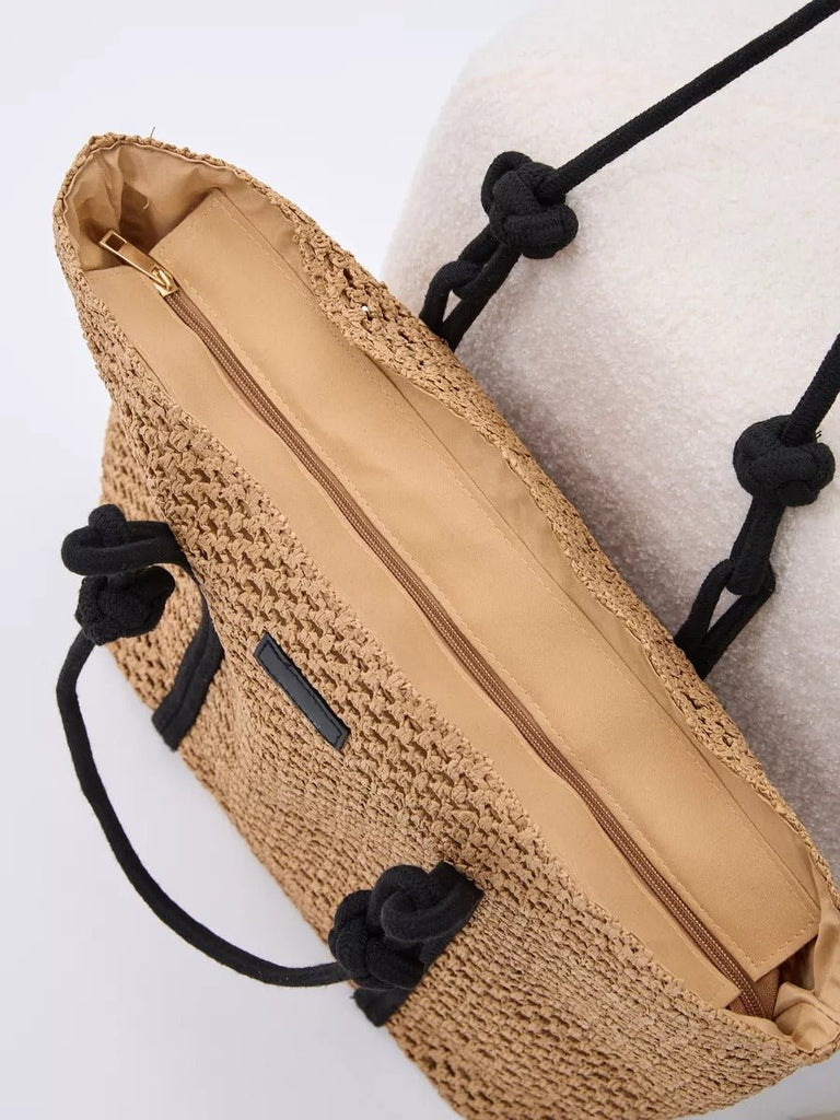 Sac cabas de plage, femme, panier tressé raphia, sac d'été léger, idéal pour vacances, style bohème, modèle Louanne - Sac de plage - Camel