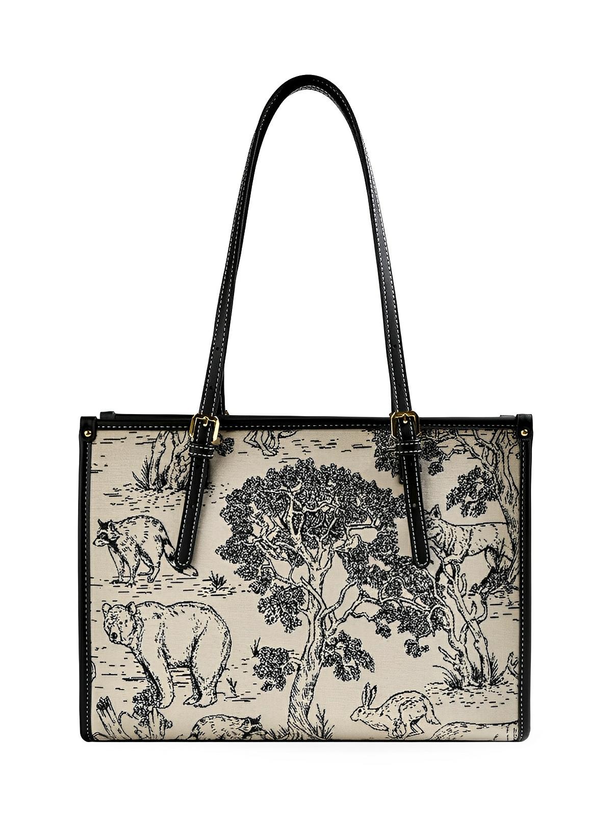 Sac cabas femme, épaule toile, grande capacité, tote bag motif animal, quotidien chic, modèle Prisca - Sac à main - Animaux de la forêt
