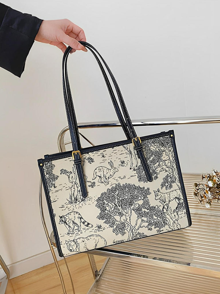 Sac cabas femme, épaule toile, grande capacité, tote bag motif animal, quotidien chic, modèle Prisca - Sac à main - Animaux de la forêt