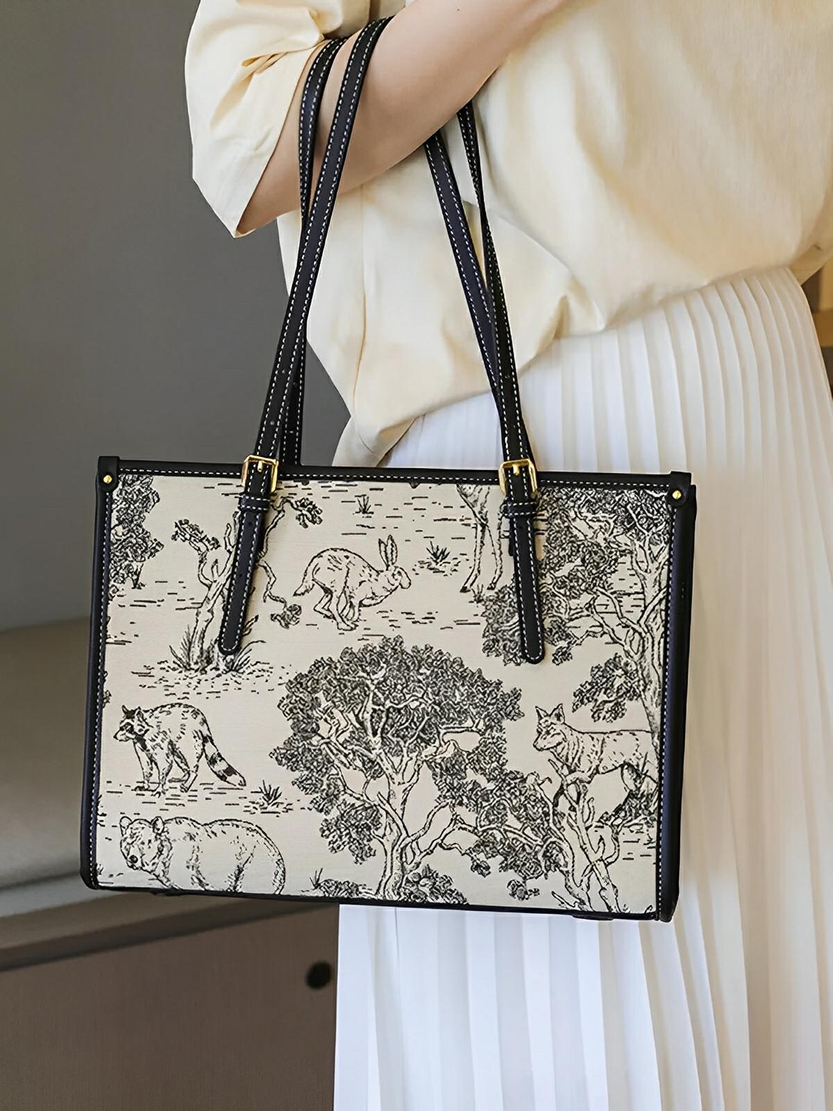 Sac cabas femme, épaule toile, grande capacité, tote bag motif animal, quotidien chic, modèle Prisca - Sac à main - Animaux de la forêt