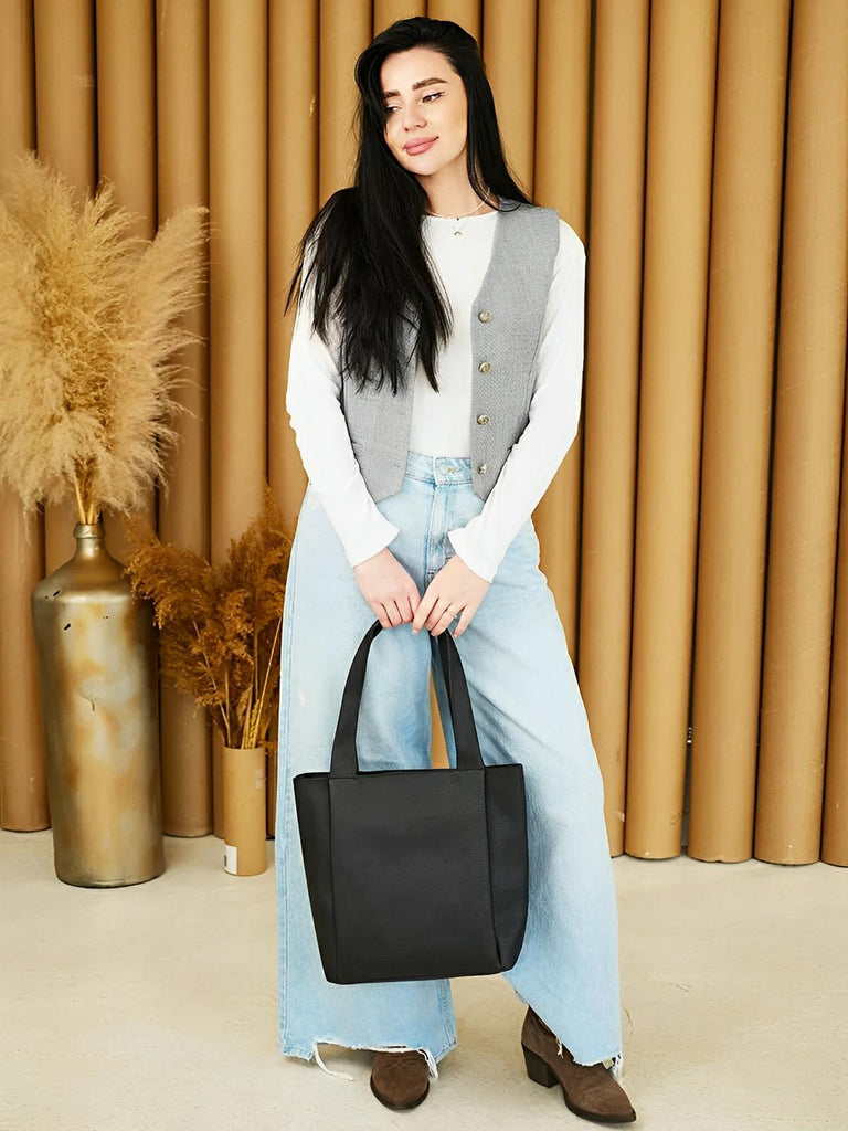 Sac cabas femme, grande capacité, simili vegan souple, porté épaule ou bandoulière, fermeture zippée, modèle Elisabette - Sac à main - Noir