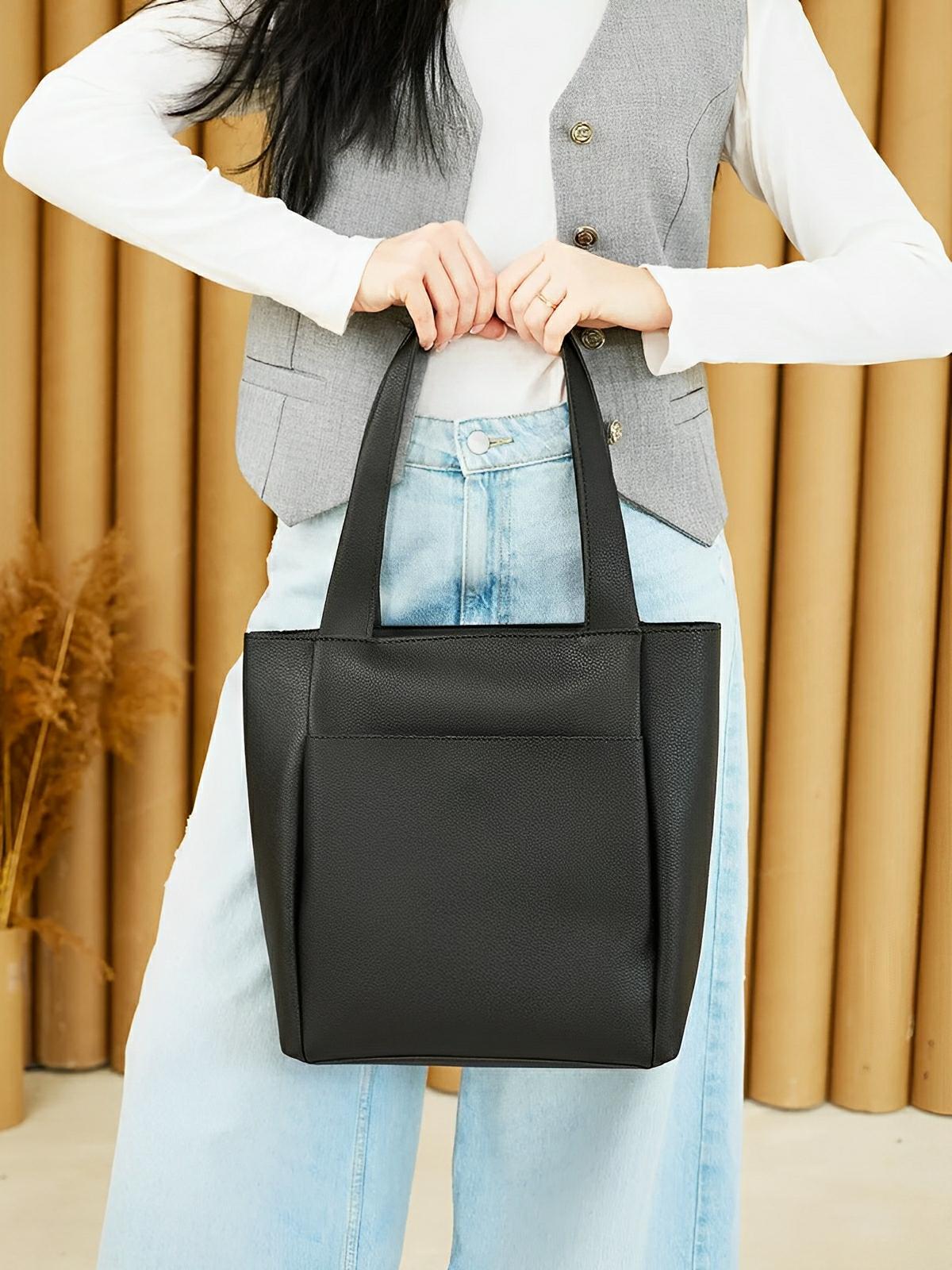 Sac cabas femme, grande capacité, simili vegan souple, porté épaule ou bandoulière, fermeture zippée, modèle Elisabette - Sac à main - Noir