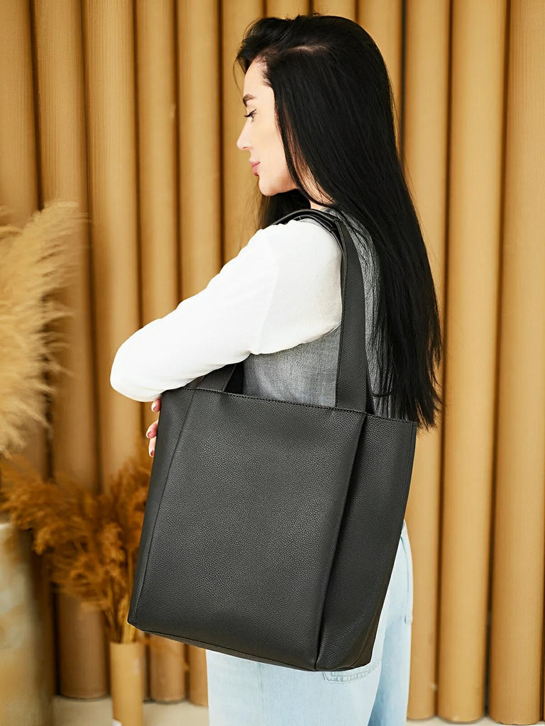 Sac cabas femme, grande capacité, simili vegan souple, porté épaule ou bandoulière, fermeture zippée, modèle Elisabette - Sac à main - Noir