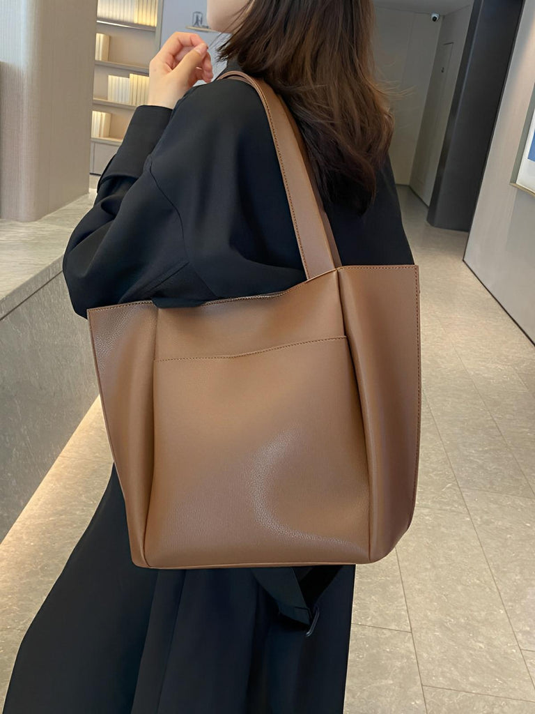 Sac cabas femme, grande capacité, simili vegan souple, porté épaule ou bandoulière, fermeture zippée, modèle Elisabette - Sac à main - Marron