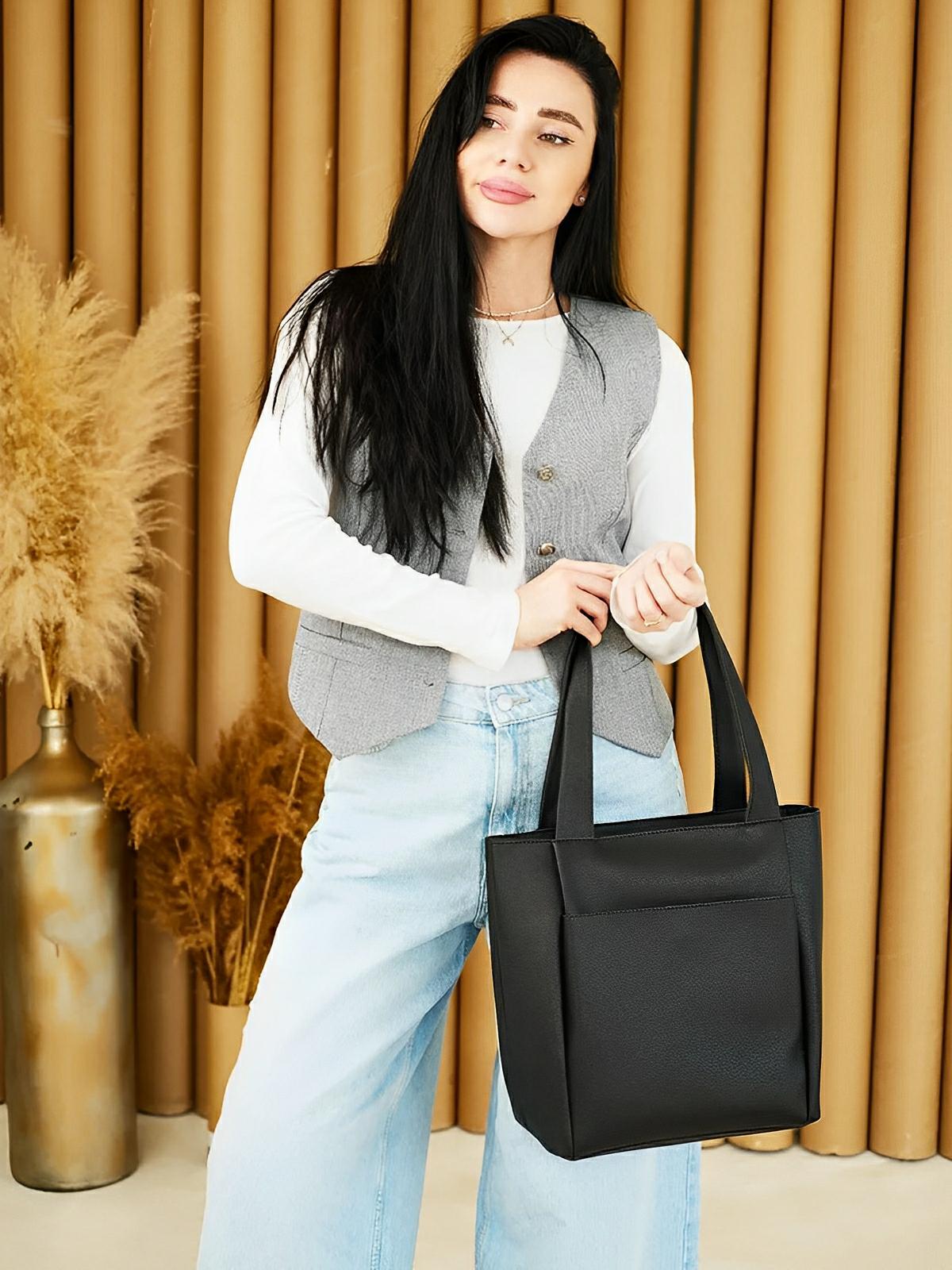 Sac cabas femme, grande capacité, simili vegan souple, porté épaule ou bandoulière, fermeture zippée, modèle Elisabette - Sac à main - Noir