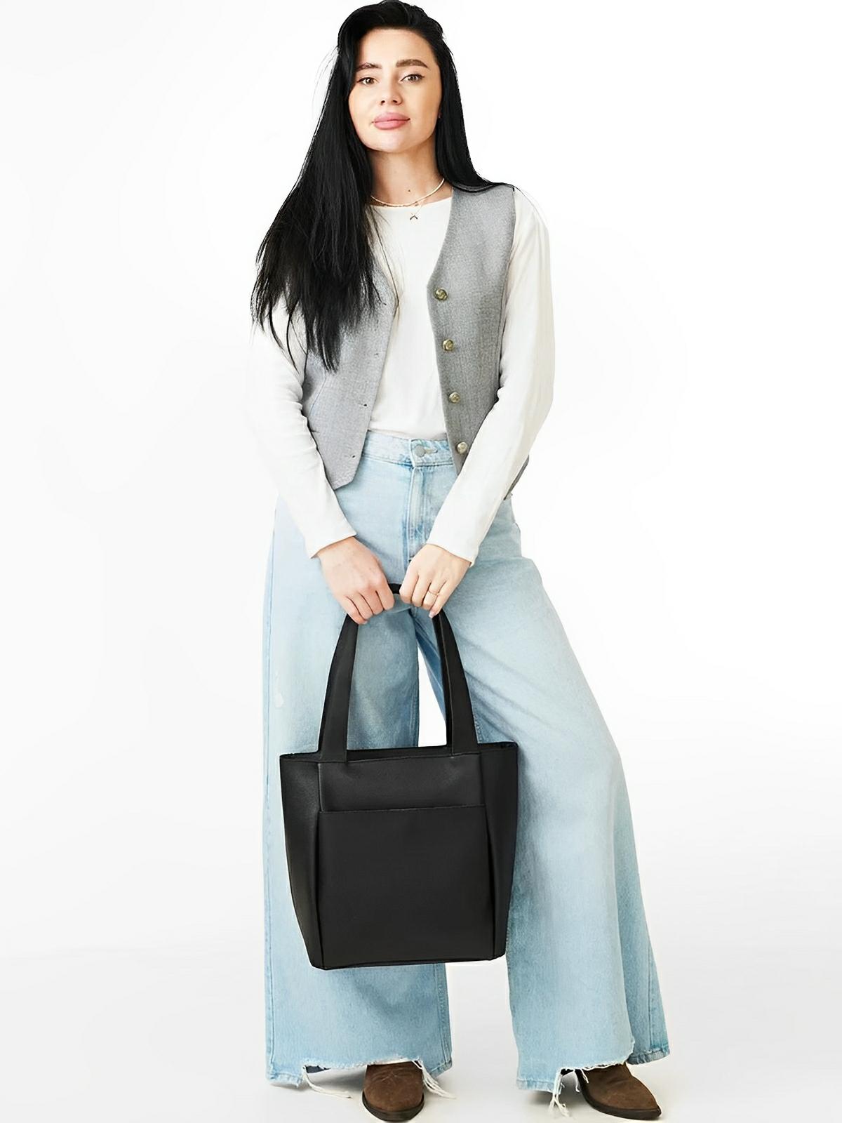 Sac cabas femme, grande capacité, simili vegan souple, porté épaule ou bandoulière, fermeture zippée, modèle Elisabette - Sac à main - Noir