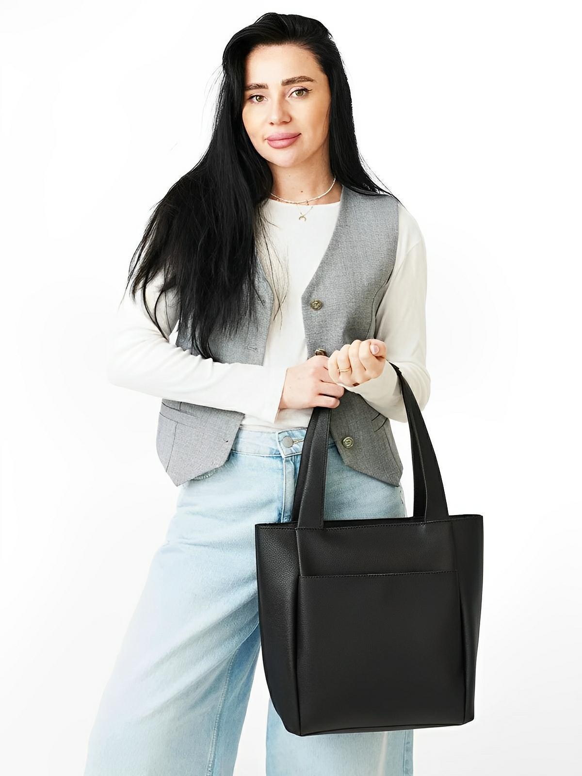 Sac cabas femme, grande capacité, simili vegan souple, porté épaule ou bandoulière, fermeture zippée, modèle Elisabette - Sac à main - Noir