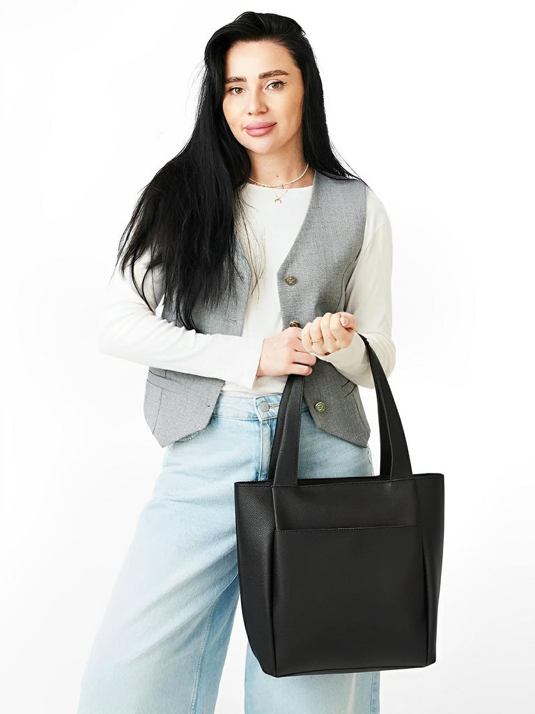 Sac cabas femme, grande capacité, simili vegan souple, porté épaule ou bandoulière, fermeture zippée, modèle Elisabette - Sac à main - Noir