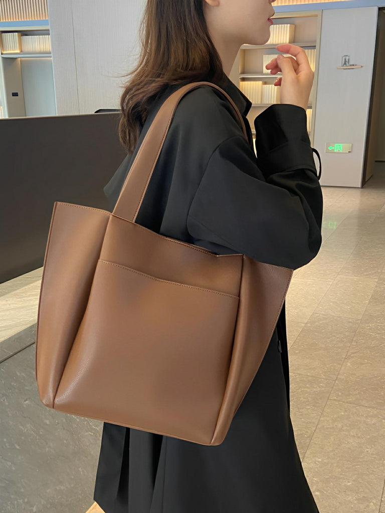 Sac cabas femme, grande capacité, simili vegan souple, porté épaule ou bandoulière, fermeture zippée, modèle Elisabette - Sac à main - Marron