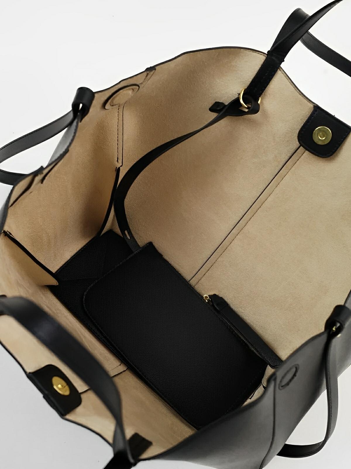 Sac cabas simili vegan femme, grand format, usage bureau et voyage, avec trousse intégrée, modèle Pinah - Sac Bandoulière - Noir