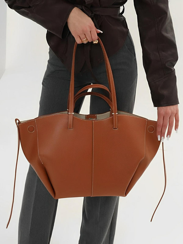 Sac cabas simili vegan femme, grand format, usage bureau et voyage, avec trousse intégrée, modèle Pinah - Sac Bandoulière - Marron