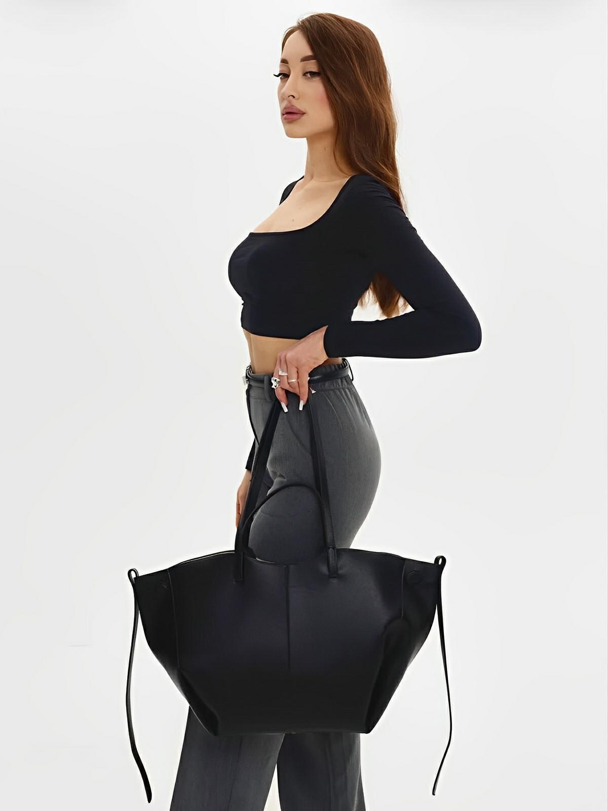 Sac cabas simili vegan femme, grand format, usage bureau et voyage, avec trousse intégrée, modèle Pinah - Sac Bandoulière - Noir