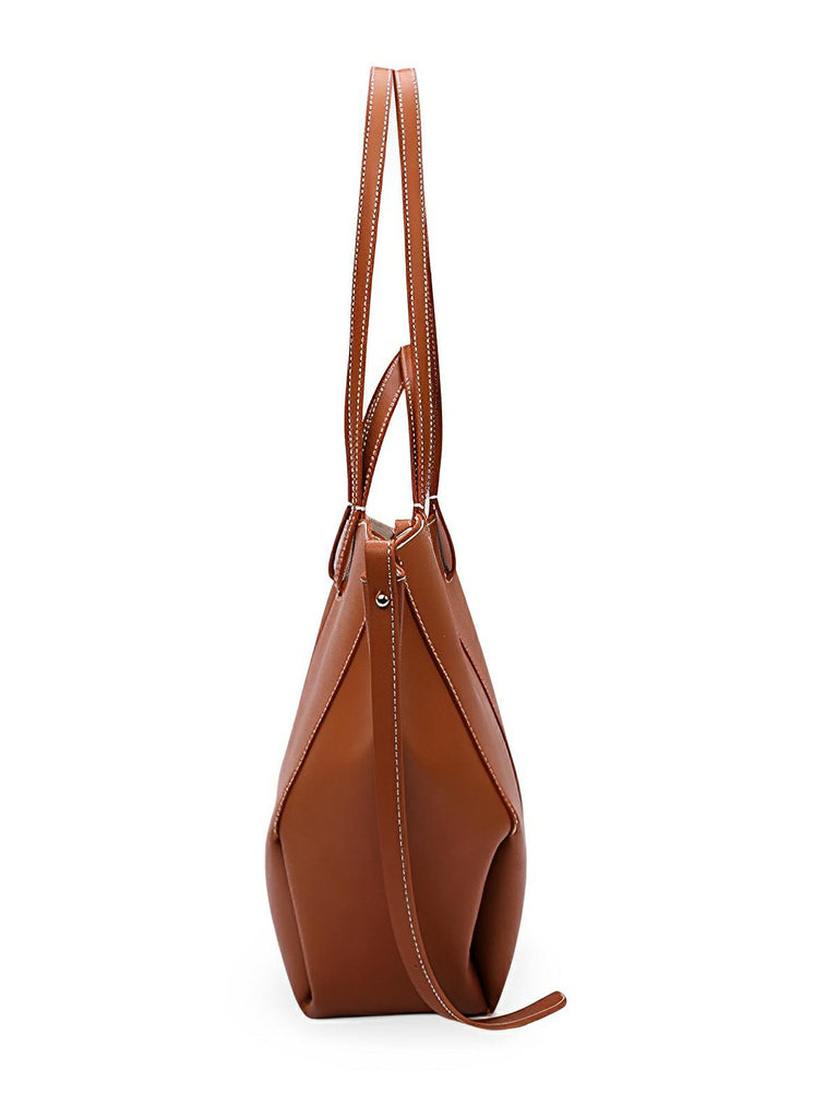 Sac cabas simili vegan femme, grand format, usage bureau et voyage, avec trousse intégrée, modèle Pinah - Sac Bandoulière - Marron