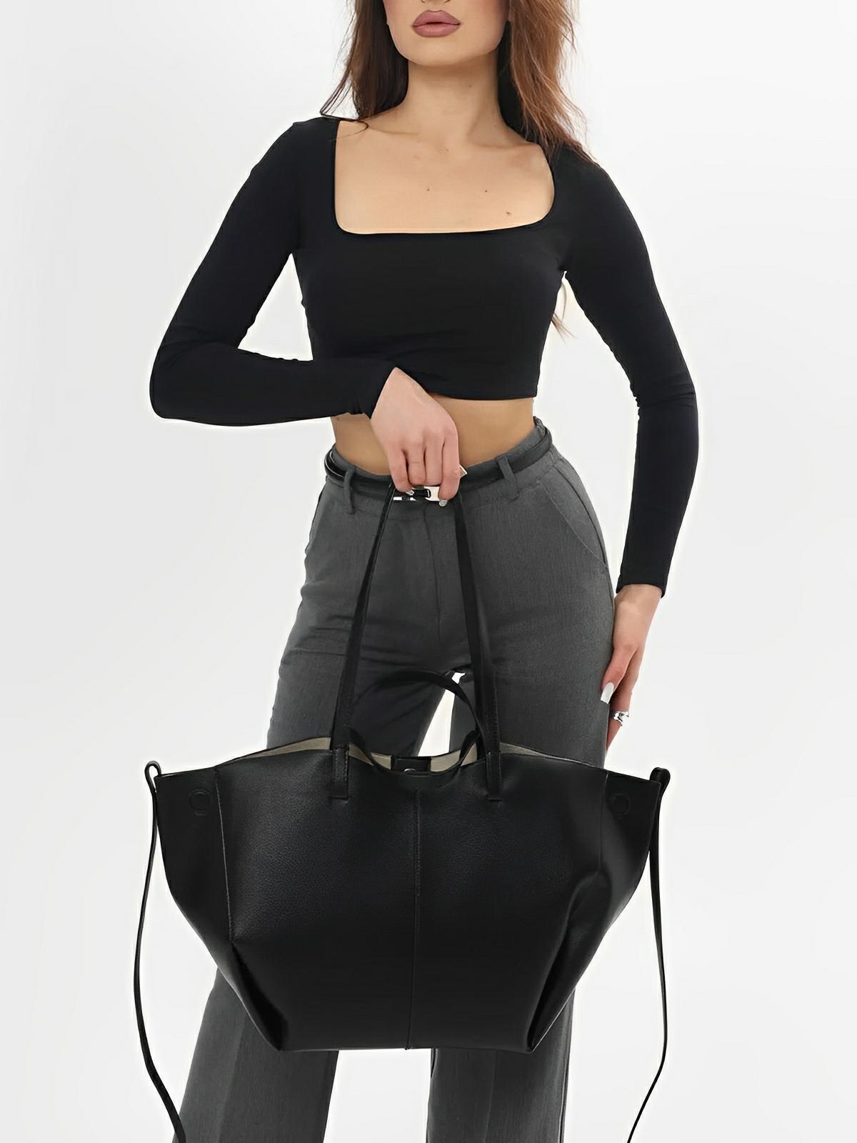Sac cabas simili vegan femme, grand format, usage bureau et voyage, avec trousse intégrée, modèle Pinah - Sac Bandoulière - Noir