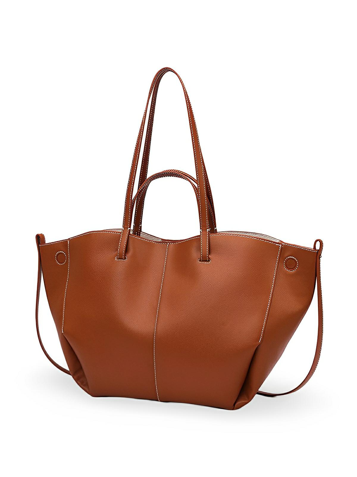 Sac cabas simili vegan femme, grand format, usage bureau et voyage, avec trousse intégrée, modèle Pinah - Sac Bandoulière - Marron