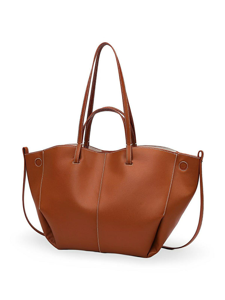 Sac cabas simili vegan femme, grand format, usage bureau et voyage, avec trousse intégrée, modèle Pinah - Sac Bandoulière - Marron