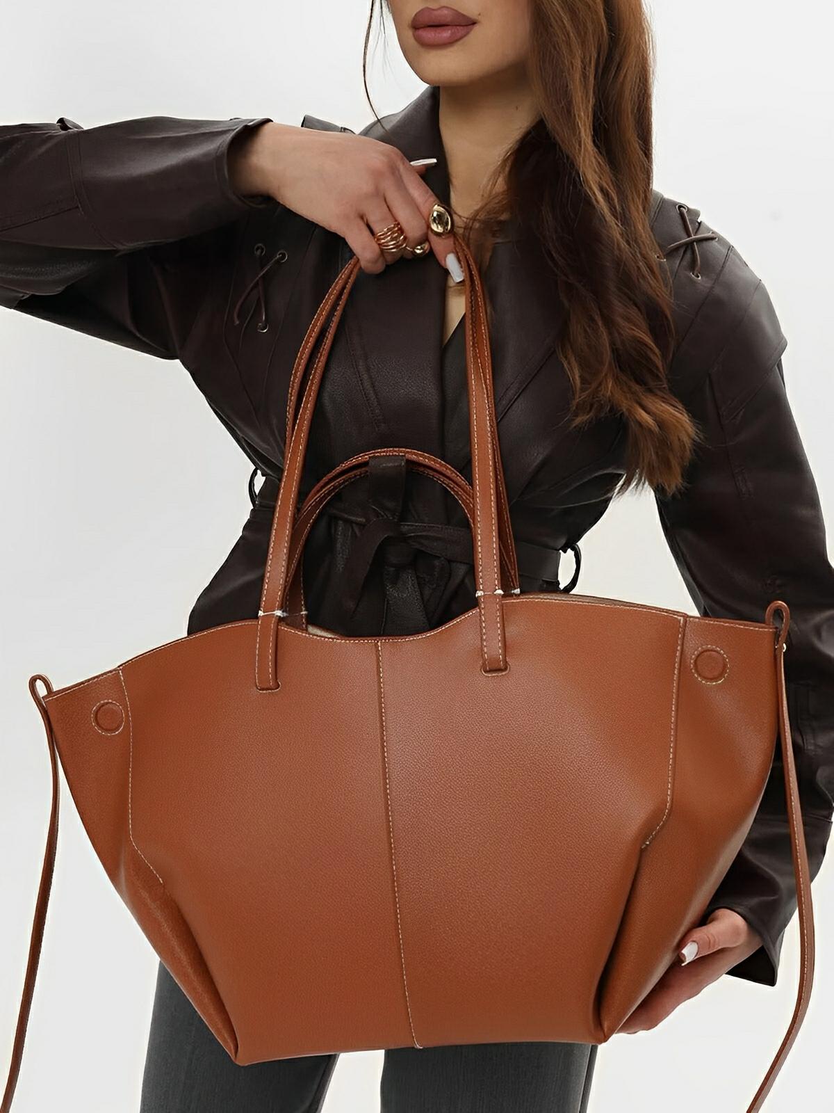 Sac cabas simili vegan femme, grand format, usage bureau et voyage, avec trousse intégrée, modèle Pinah - Sac Bandoulière - Marron
