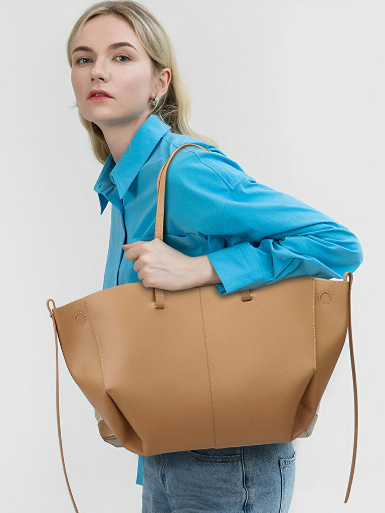 Sac cabas simili vegan femme, grand format, usage bureau et voyage, avec trousse intégrée, modèle Pinah - Sac Bandoulière - Noir