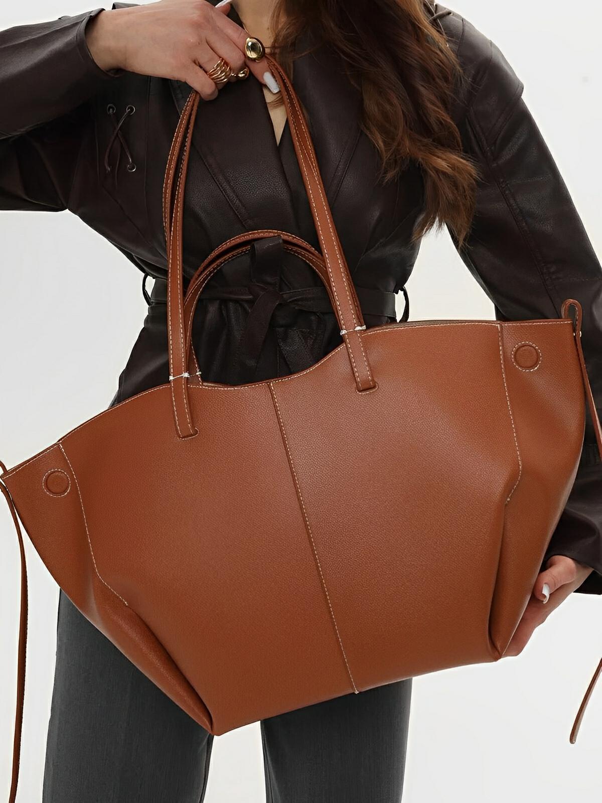 Sac cabas simili vegan femme, grand format, usage bureau et voyage, avec trousse intégrée, modèle Pinah - Sac Bandoulière - Marron