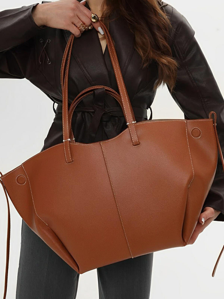 Sac cabas simili vegan femme, grand format, usage bureau et voyage, avec trousse intégrée, modèle Pinah - Sac Bandoulière - Marron