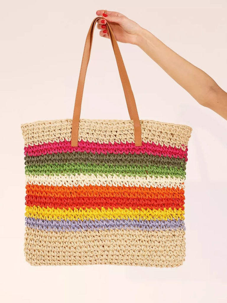 Sac de plage cabas en raphia, multicolore, rayé, anses longues, style tote bag, grand format, modèle Leila - Sac de plage - Multicolore