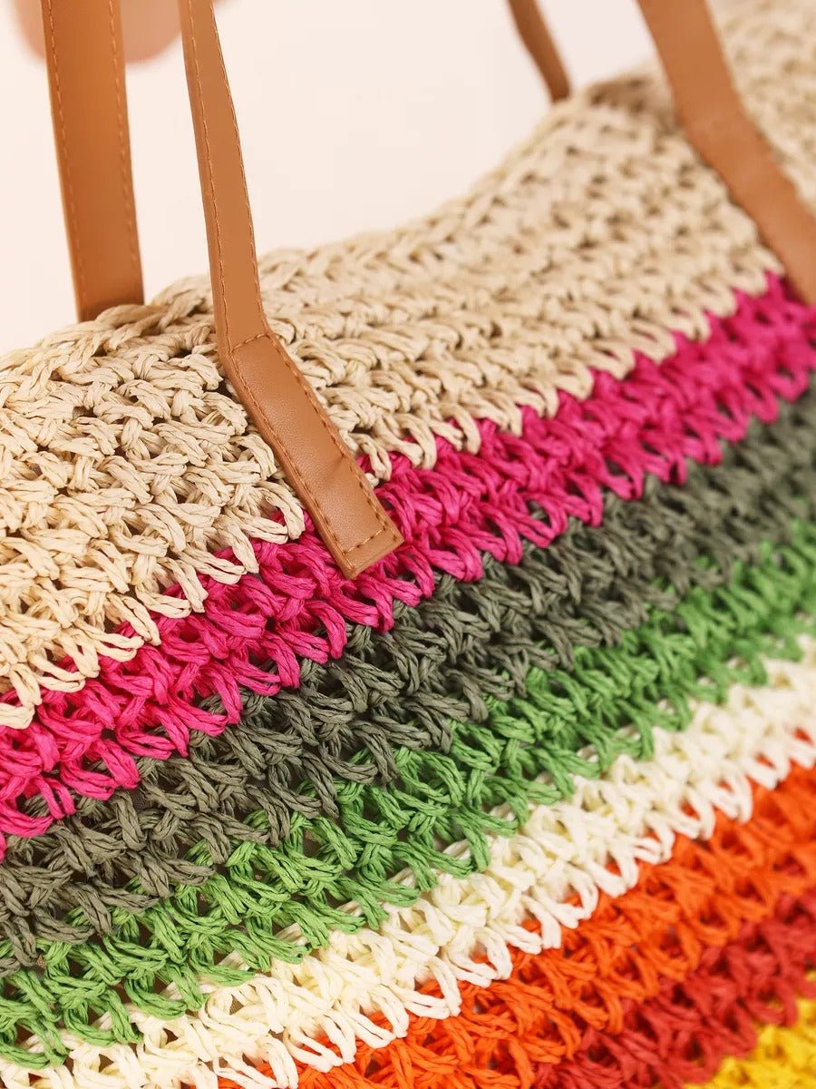 Sac de plage cabas en raphia, multicolore, rayé, anses longues, style tote bag, grand format, modèle Leila - Sac de plage - Multicolore