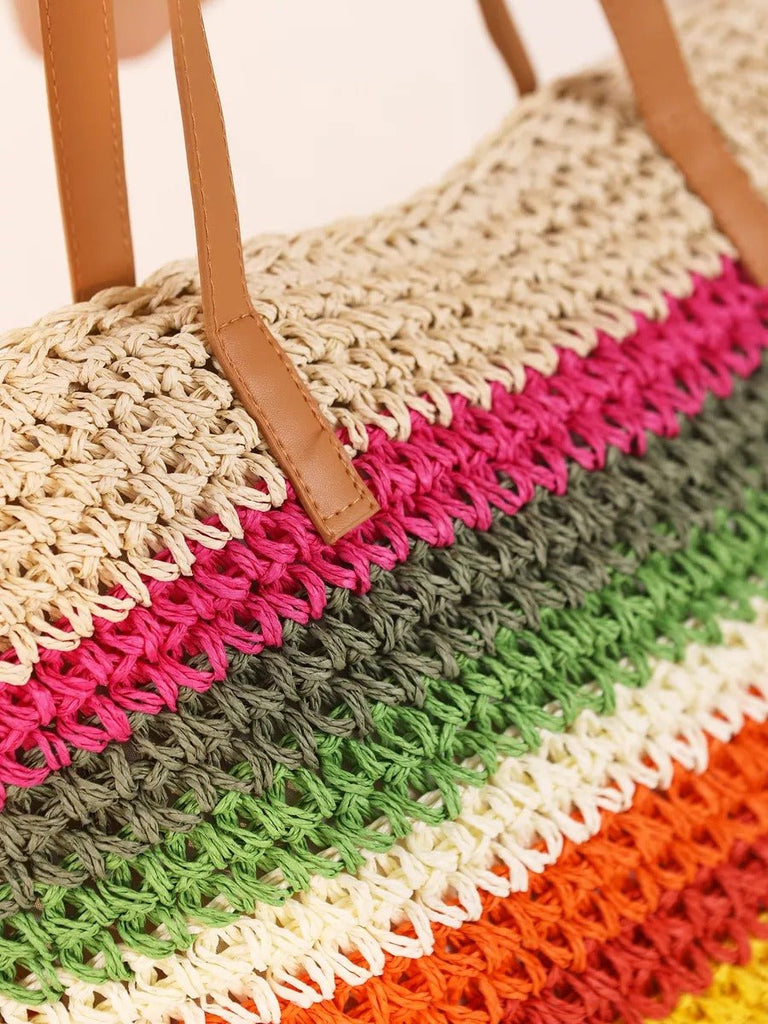 Sac de plage cabas en raphia, multicolore, rayé, anses longues, style tote bag, grand format, modèle Leila - Sac de plage - Multicolore