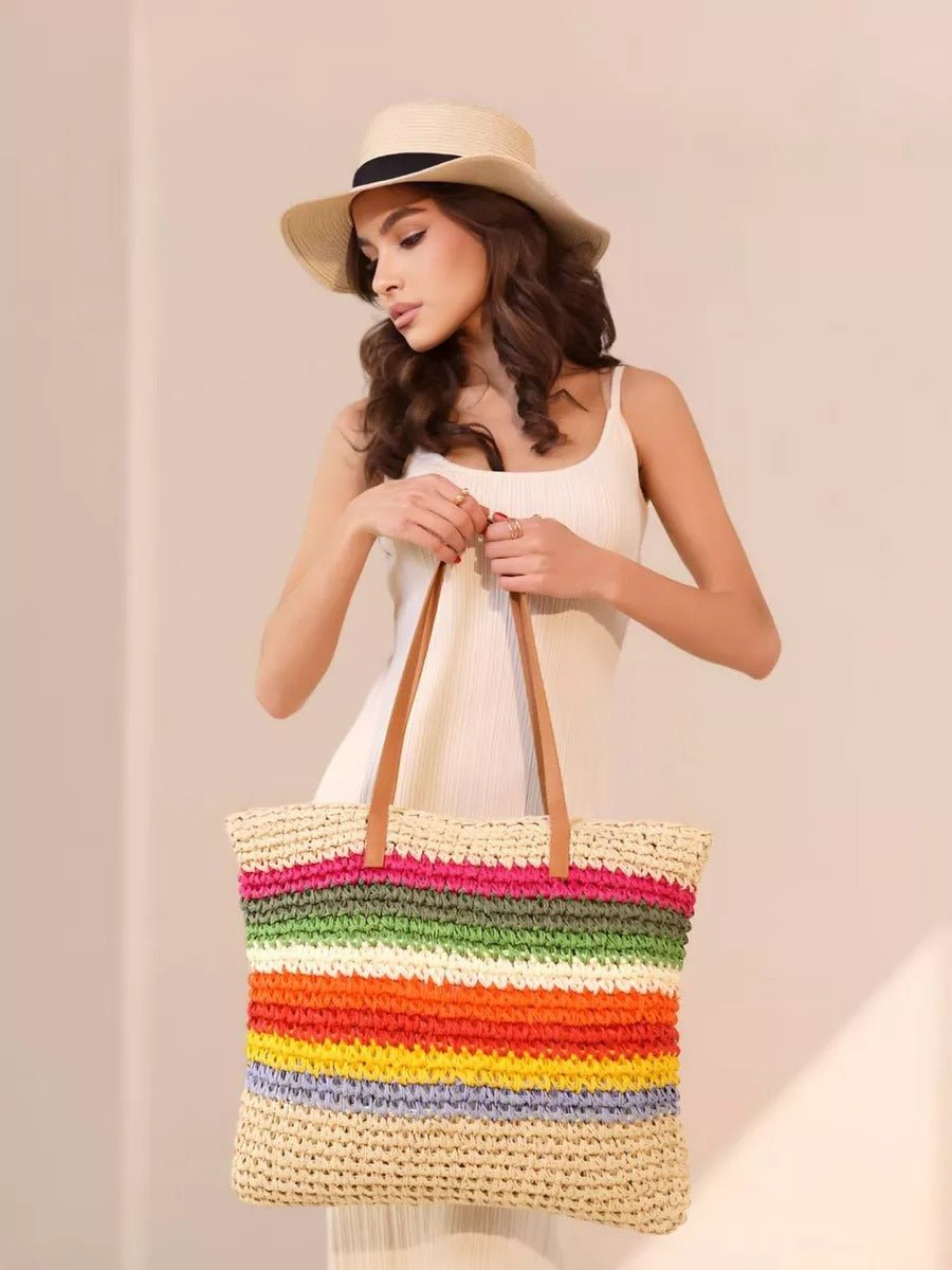 Sac de plage cabas en raphia, multicolore, rayé, anses longues, style tote bag, grand format, modèle Leila - Sac de plage - Multicolore