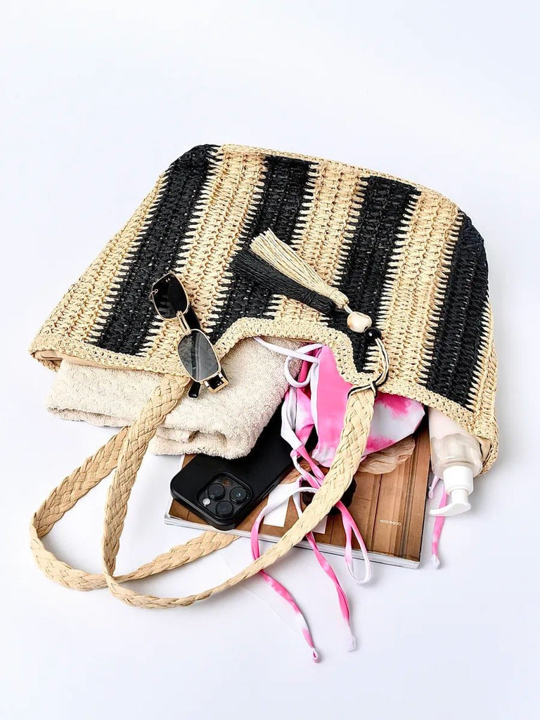 Sac de plage cabas en raphia, tote bag rayé, tressé à la main, anse souple, grand format, fermeture zippée, modèle Zoé - Sac de plage - Noir