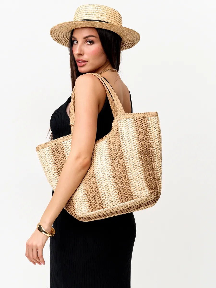 Sac de plage cabas en raphia, tote bag rayé, tressé à la main, anse souple, grand format, fermeture zippée, modèle Zoé - Sac de plage - Beige