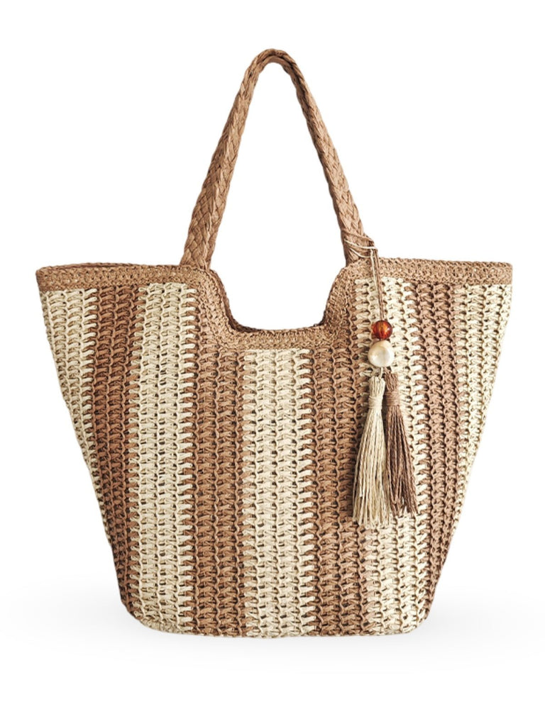 Sac de plage cabas en raphia, tote bag rayé, tressé à la main, anse souple, grand format, fermeture zippée, modèle Zoé - Sac de plage - Beige
