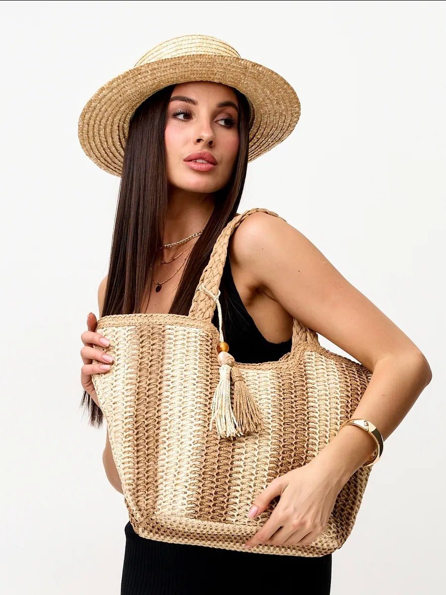Sac de plage cabas en raphia, tote bag rayé, tressé à la main, anse souple, grand format, fermeture zippée, modèle Zoé - Sac de plage - Beige