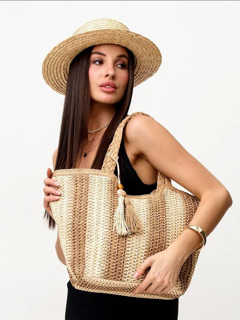 Sac de plage cabas en raphia, tote bag rayé, tressé à la main, anse souple, grand format, fermeture zippée, modèle Zoé - Sac de plage - Beige