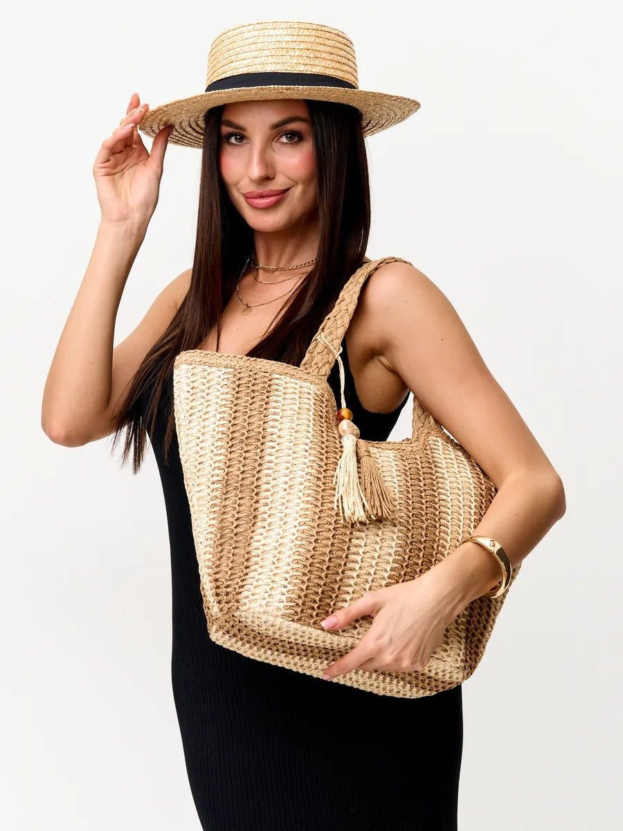 Sac de plage cabas en raphia, tote bag rayé, tressé à la main, anse souple, grand format, fermeture zippée, modèle Zoé - Sac de plage - Beige