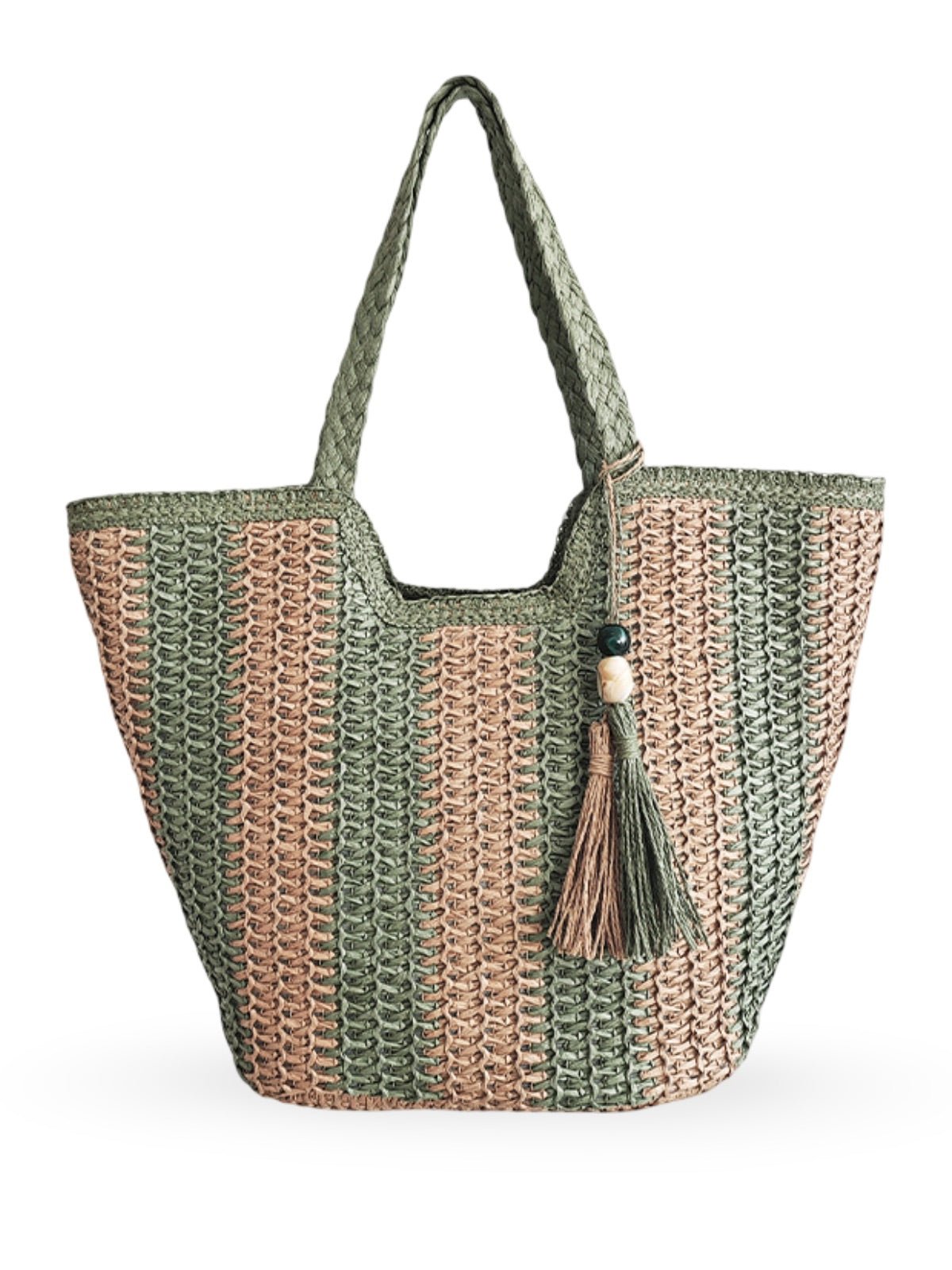 Sac de plage cabas en raphia, tote bag rayé, tressé à la main, anse souple, grand format, fermeture zippée, modèle Zoé - Sac de plage - Vert