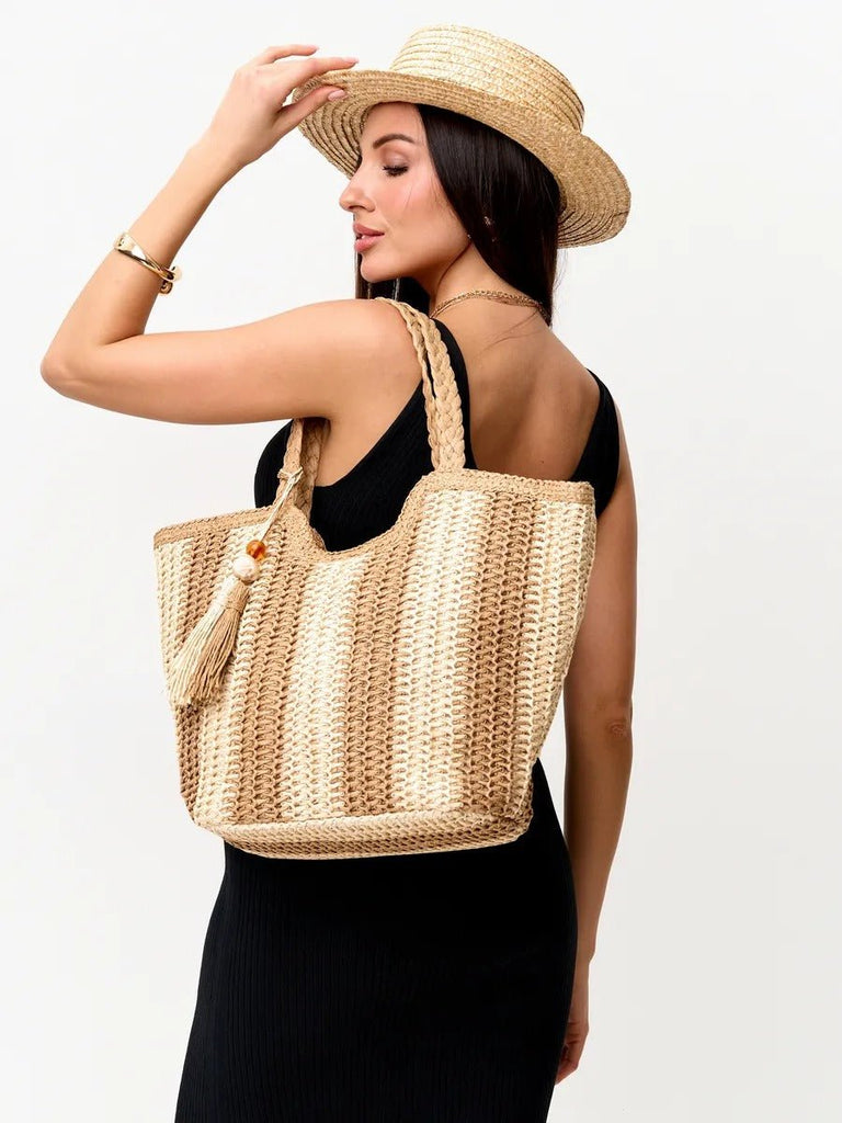Sac de plage cabas en raphia, tote bag rayé, tressé à la main, anse souple, grand format, fermeture zippée, modèle Zoé - Sac de plage - Beige