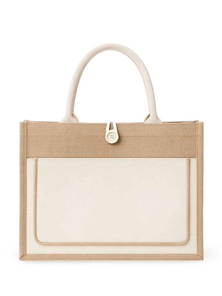 Sac de plage cabas en toile de jute, grand format, fermeture bouton, anses longues, sac à main extérieur, tote - bags vacances, modèle Maya - Sac de plage - Blanc