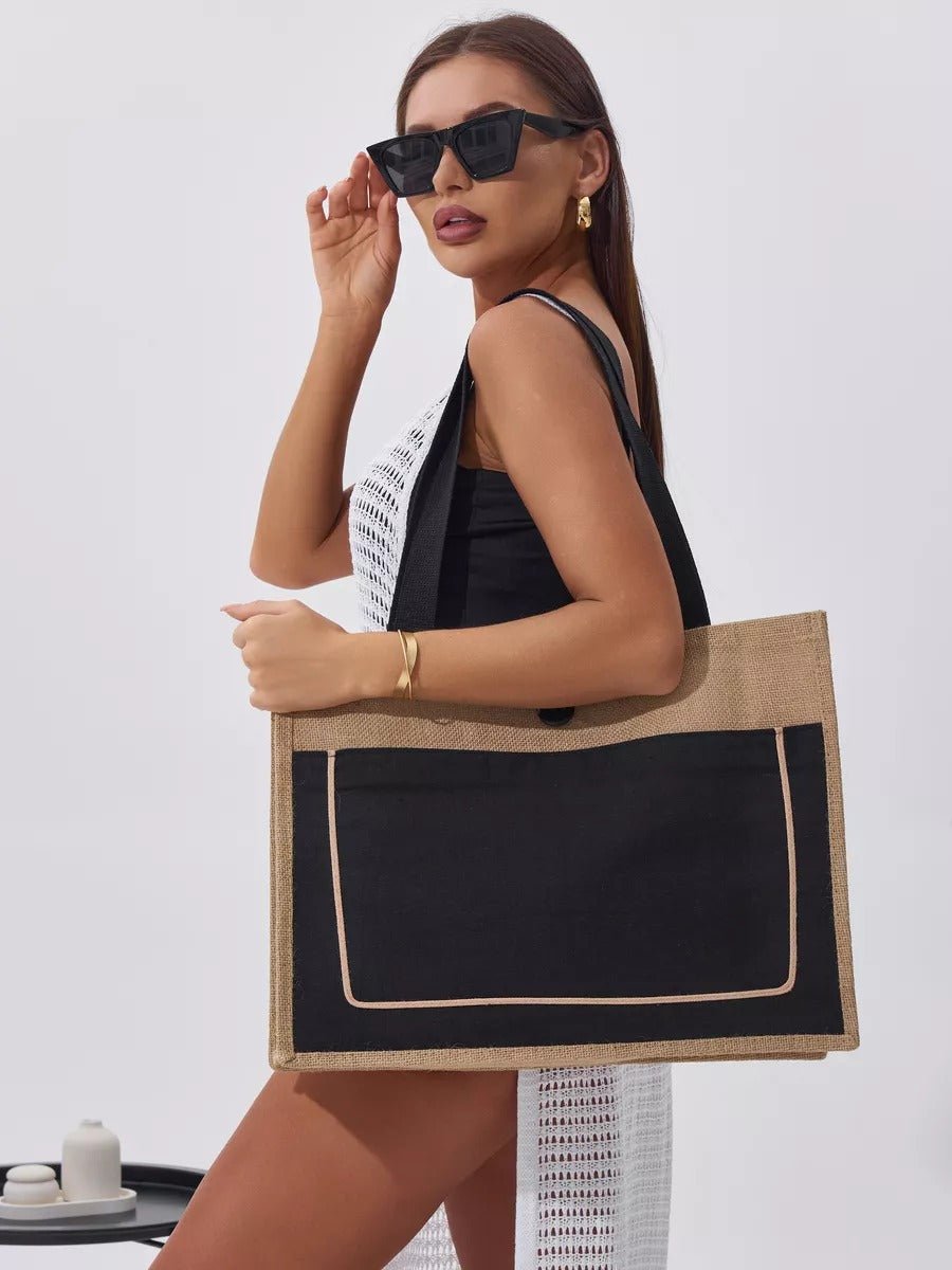 Sac de plage cabas en toile de jute, grand format, fermeture bouton, anses longues, sac à main extérieur, tote - bags vacances, modèle Maya - Sac de plage - Noir